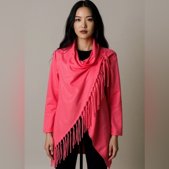 Jackets & Blazers - Hot Pink Lightweight Jacket Cardigan Jersey Knit Fringe Detail Assemetrical